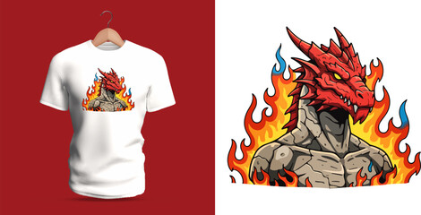 Vector T-shirt design of a dragon-headed warrior with fiery mane and hardened scales. Intense flames surround the character’s upper body, highlighting fierce expression, sharp horns © nicholasgeorgiou