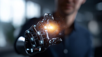 AI agent holographic robot assistant concept heavily defocused digital interface background showing generative AI functions digital business productivity visualization