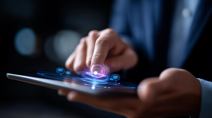 AI chatbot technology on tablet display heavily defocused background virtual assistant for customer service futuristic smart automation AI powered conversation bot digital