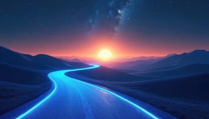 Blue glowing road curves through dark rolling hills. Bright sun sets rises on horizon with orange sky. Starry night sky above tech path. Futuristic journey new possibilities, adventure.