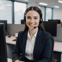 Professional friendly female call center agent in a modern office providing excellent customer service