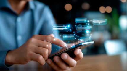 Faceless person using AI chat interface with virtual screen heavily defocused background displaying chatbot content generator user login and data tools artificial intelligence
