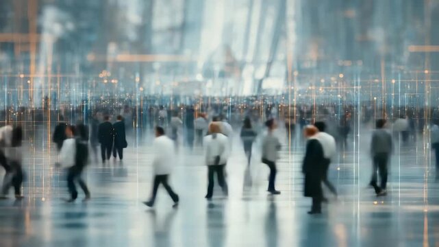 This conceptual image depicts a busy city crowd moving in a high tech, digitally enhanced setting. Futuristic overlays highlight the intersection of technology and everyday urban life