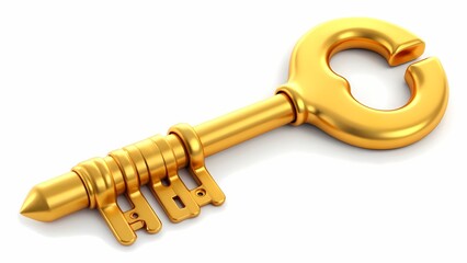 A golden key on a white background with a shadow.