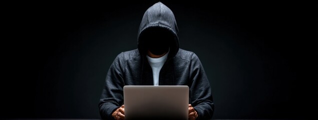 Cybersecurity threat concept with hooded figure using laptop in dark room