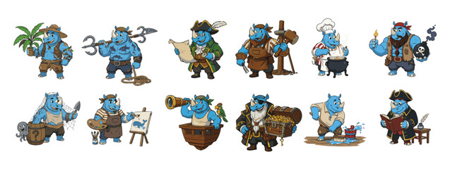 Large Collection of Cartoon Rhinos with Pirate Gear, Spyglass, Cooking Pot, and Treasure Chest. © 99VectorS