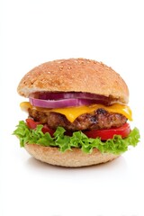 Juicy cheeseburger with lettuce, tomato, and onion on sesame seed bun