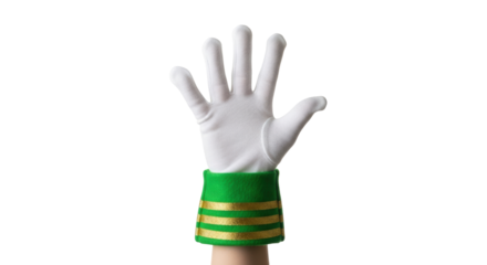 Isolated hand in a white glove with green and gold cuff reaching upwards, asking a question