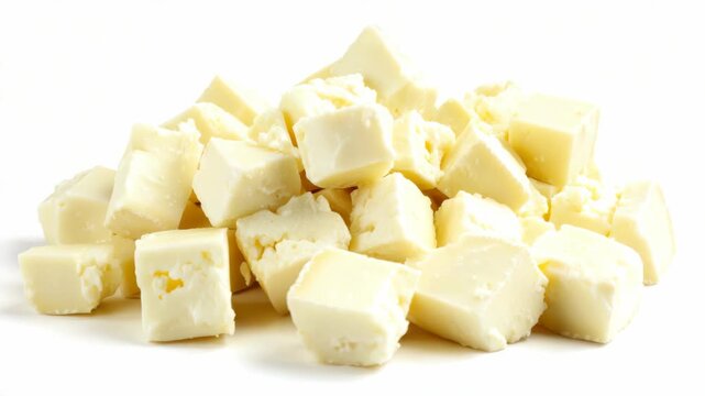 A pile of white, unprocessed cheese chunks ready to be enjoyed.