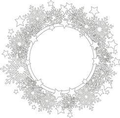 Elegant Black Outline Snowflakes and Stars Circular Christmas Winter Wreath Frame for Custom Design and Craft Projects
