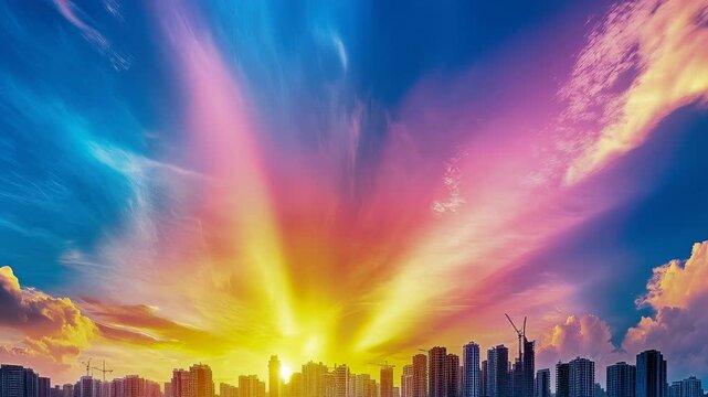 Colorful Sunrise Cityscape Vibrant Sky Dramatic Clouds Urban Skyline with Tall Buildings Construction Cranes Glowing Sunlight Energetic Mood