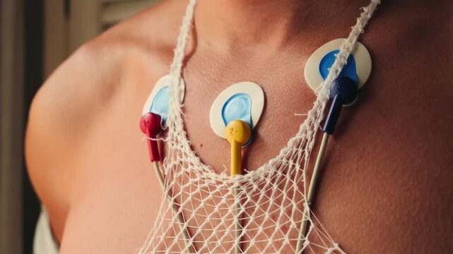 A man wearing a Holter monitor, a portable device that continuously records the heart's electrical activity, electrocardiogram, for 24 hours. High quality 4k footage