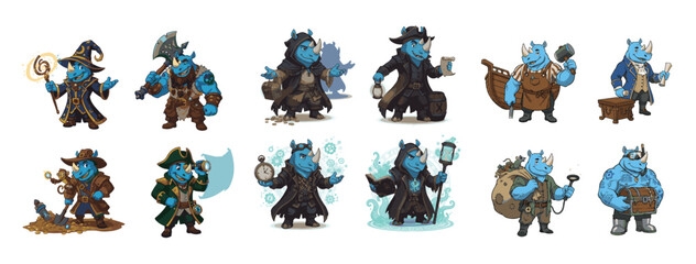 Large Collection of Cartoon Rhinos with Pirate Gear, Spyglass, Cooking Pot, and Treasure Chest. © 99VectorS