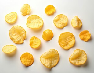 Golden potato chips scattered on bright white background. Individual crispy, salty snack food pieces. Fried junk food macro detail for banner, packaging, poster design. Many thin potato slices show