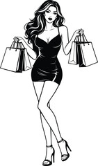 Stylish Woman Shopper Illustration , Black and White Line Art Fashion Cartoon with Shopping Bags