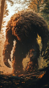 A large, hairy monster is alking through a forest