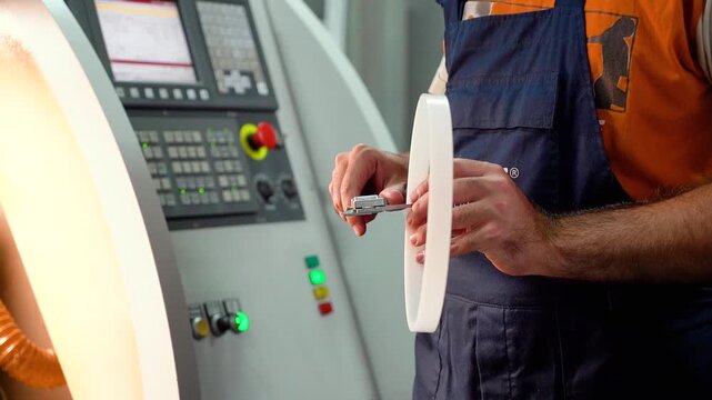 Production of seals on the CNC machine. the worker measures the dimensions of the rubber gasket with a vernier caliper