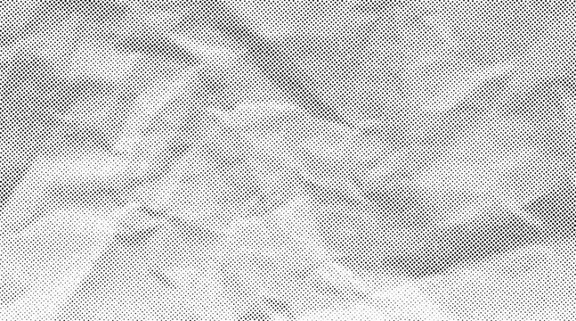 Halftone crumpled paper texture with black a dotted, rough, and wrinkled surface. Wite creased sheet background in comic pop-art style, featuring grainy folds and gritty distressed details.