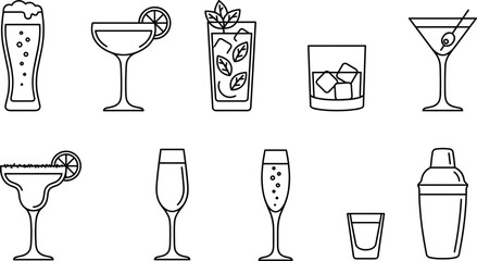 Cocktail drink line icons set, alcohol beverage glasses collection, bar menu symbols vector illustration outline minimal design modern editable pack