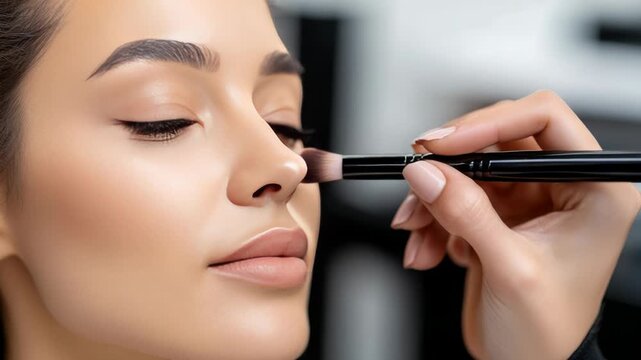 Beautiful woman smiling while a professional makeup artist is applying finishing powder with a brush to her face, highlighting her cheekbones for a flawless look
