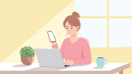 Bright Modern Home Office Woman Laptop Smartphone Comfortable Remote Work Productivity Vector Illustration