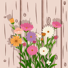 illustration of a collection of colorful flowers in front of a wooden fence as decoration or background or phone wallpaper