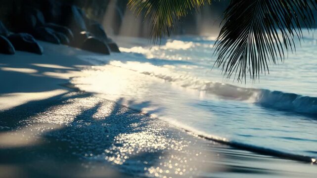 Beautiful beach sunset with palm trees and ocean waves. Calm waters lapping at the sandy shore.