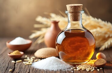 Amber rice vinegar in glass bottle with cork. Beside it piles of white salt rice grains and spice in small clay bowls on rustic wood table. Wheat stalks background adds natural feel.
