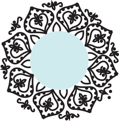 Intricate Black and White Floral Mandala Frame with Pastel Blue Central Copy Space