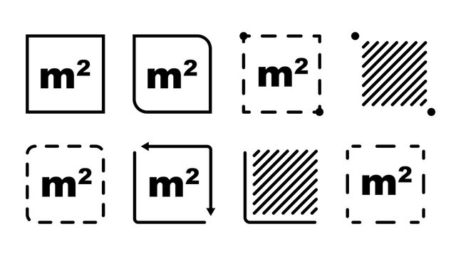Flat square meter M2 measuring symbol in a clean linear style, representing surface area and space measurement. Minimal vector icon