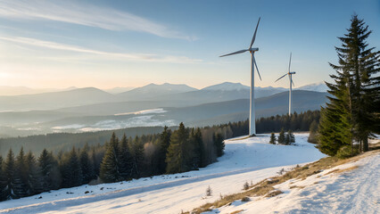 Wind turbines on snowy hill with pine trees and mountains