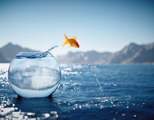 Conceptual illustration showing a goldfish jumping from a bowl into a vast body of water near mountains during daytime