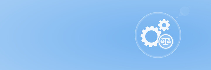 Maschinenbau- und Produktionsrecht: Juristische Waage mit Zahnrädern, Vektor Header, copy space, svg unter 60 kB