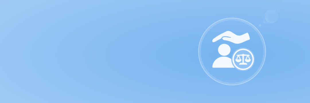 Sozial- und F&uuml;rsorgerecht: Juristische Waage mit Person unter sch&uuml;tzender Hand, Vektor Header, copy space, svg unter 60 kB