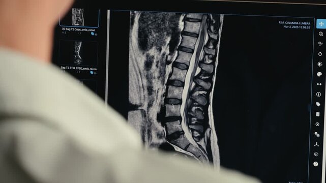 MRI Screening whole spine, a doctor analyzing CT scans to find treatment solutions. High quality 4k footage