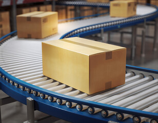 Conveyor belt moves boxes through a warehouse for logistics and delivery