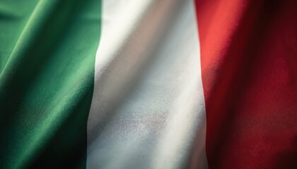 Italian flag close up with flowing silk fabric, visible textile texture. Waving tricolor banner with green white, red stripes. National ensign of Italy patriotism, European identity, freedom,