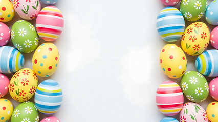 A collection of brightly colored easter eggs create a decorative frame on a clean white surface