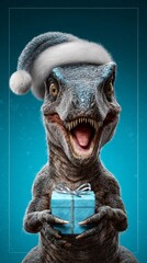 Obraz premium Festive dino fun: a jurassic twist to traditional christmas greetings. Visual poster. Festive baby dinosaur holding colorful box in a christmas wonderland. Scifi poster. Fantasy poster.
