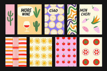 Obraz premium Colorful patterned art prints featuring fruits wine and playful design elements