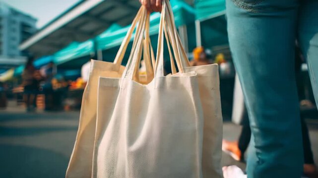 Closeup of hands holding multiple cloth tote bags at a bustling street market, emphasizing zero waste and green living. The image promotes conscious consumerism and environmental awareness
