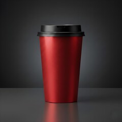 Red Glossy Coffee Cup with Black Lid on Studio Background
