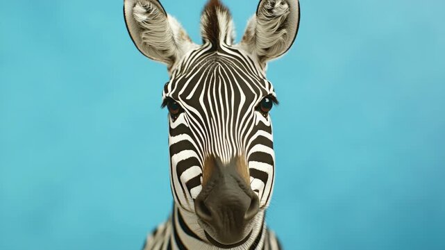 Zebra head close-up against a blue background.