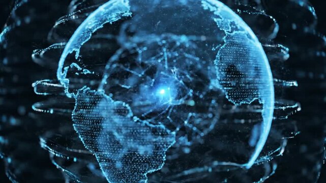 Abstract Global Network Visualization of Digital Connections and Data Transfer in a Futuristic Environment from a Unique Overhead Viewpoint