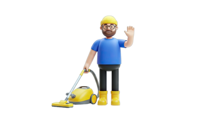 3D Cartoon Man Waving and Cleaning with Vacuum Cleaner