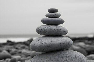 Stacked zen stones in black and white on a rocky beach with a blurred background
