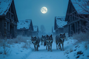 Pack of wolves walking through snow-covered village under full moon  
