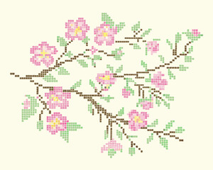 Fototapeta premium A delicate pixel art branch featuring blossoming pink flowers and green leaves