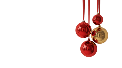 Red and gold christmas ornaments hanging from ribbons on white background