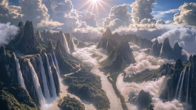 Breathtaking view of a rainforest mountain range with waterfalls and a river flowing through the center.